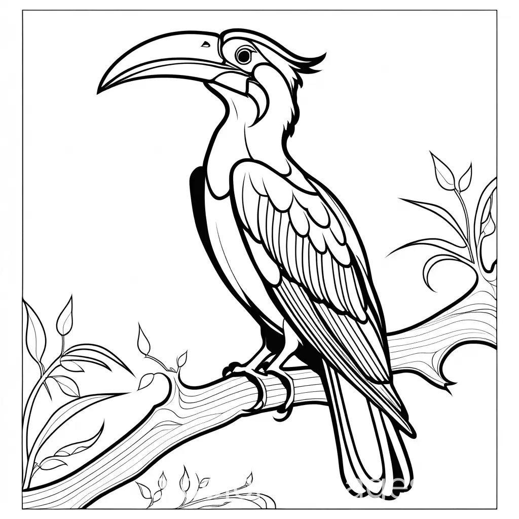 Rhinoceros Hornbill, Coloring Page, black and white, line art, white background, Simplicity, Ample White Space. The background of the coloring page is plain white to make it easy for young children to color within the lines. The outlines of all the subjects are easy to distinguish, making it simple for kids to color without too much difficulty, Coloring Page, black and white, line art, white background, Simplicity, Ample White Space. The background of the coloring page is plain white to make it easy for young children to color within the lines. The outlines of all the subjects are easy to distinguish, making it simple for kids to color without too much difficulty