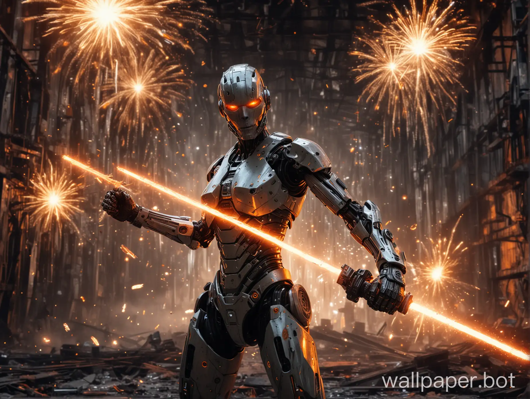 half human cyborg in a epic pose with laser sword in a industrial site with a lot of laser orange black with a background of metal sheets and fireworks from metal
