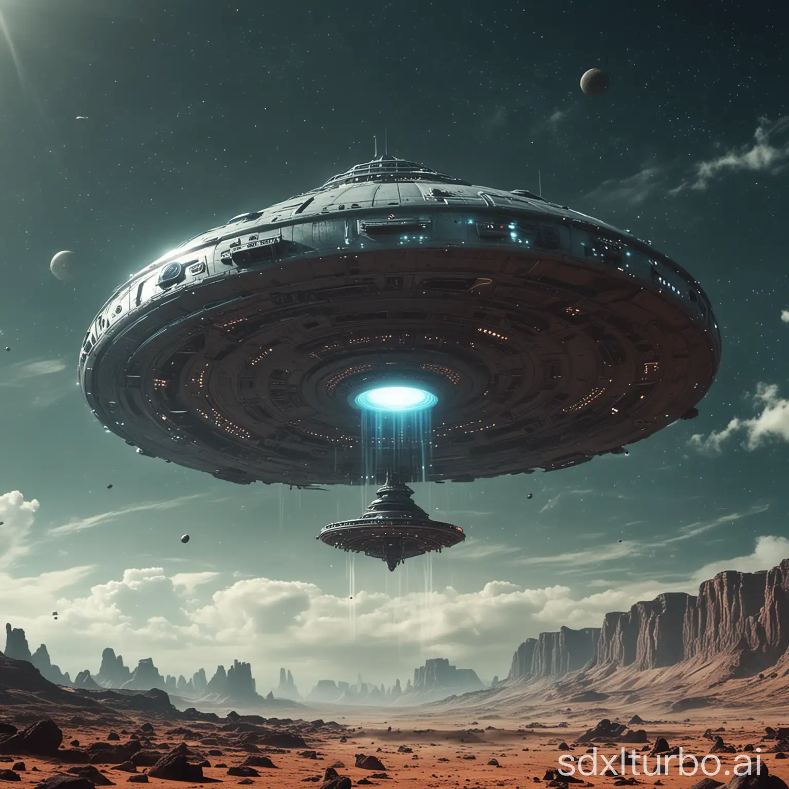 science fiction scene, a flying saucer