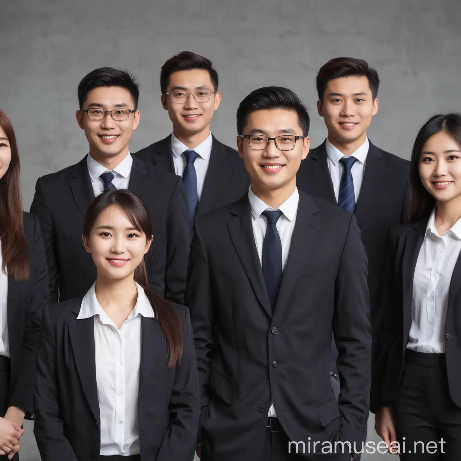 Confident Young Managers in Group Photo Professional Chinese Financial Company Team