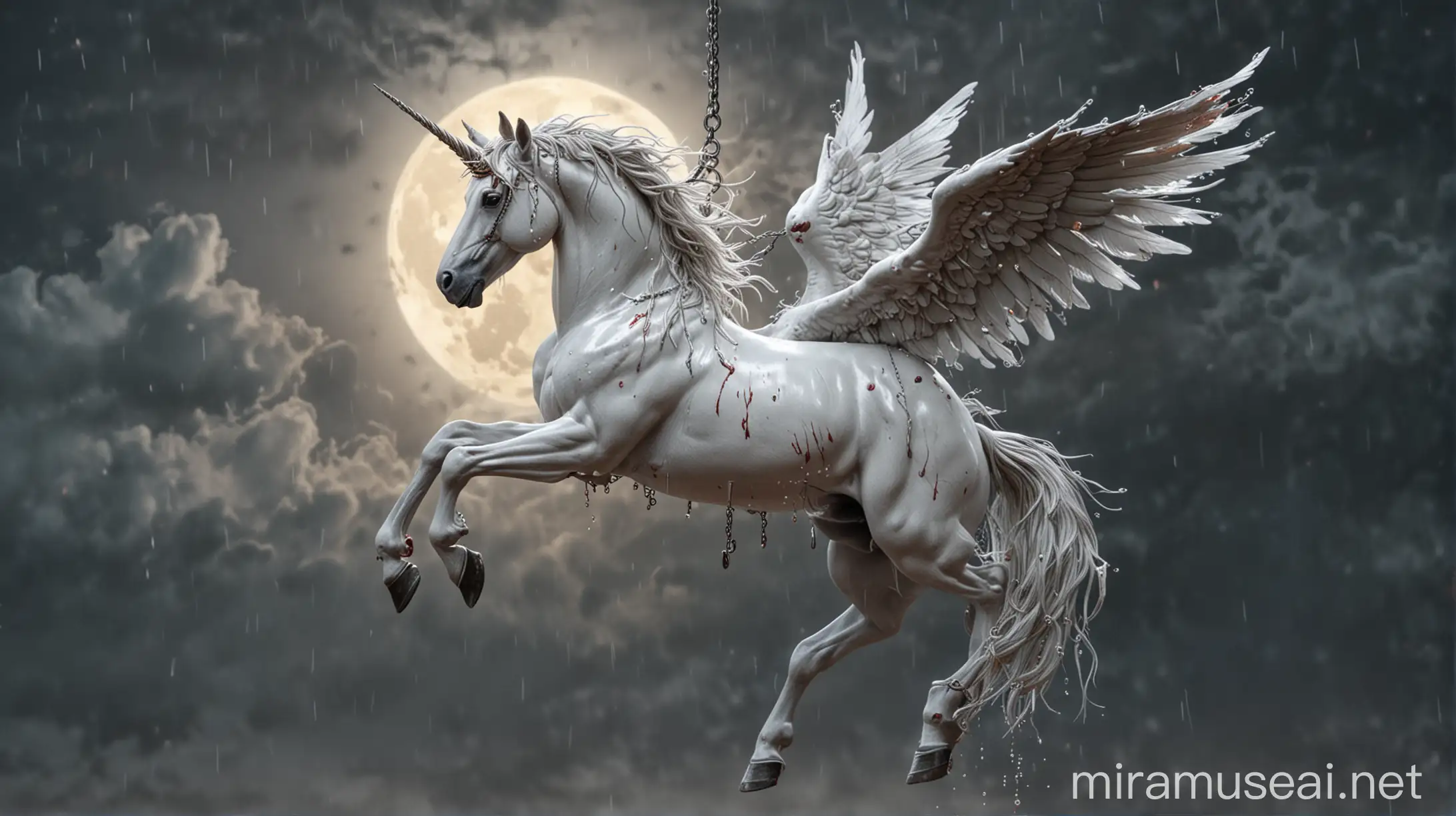 Majestic Winged Unicorn Flying in Moonlit Storm