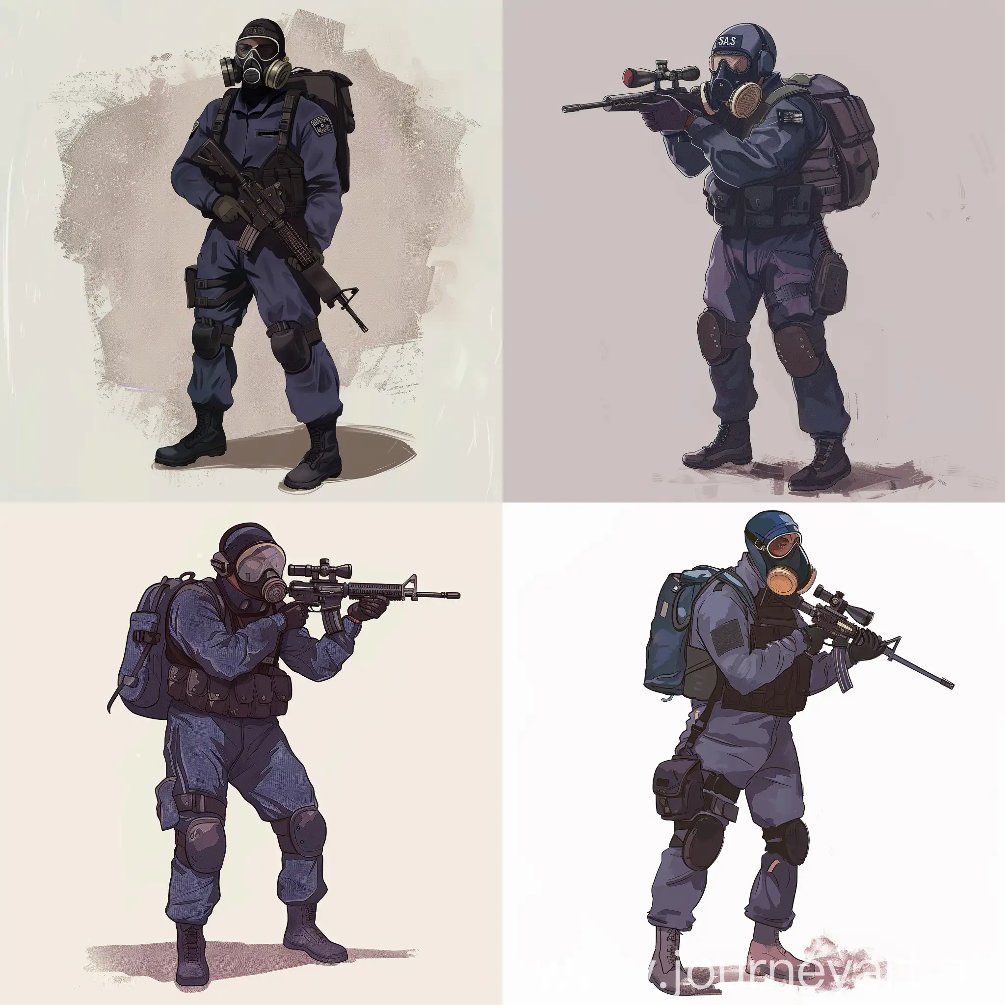 Digital character art, SAS operator, dark purple military jumpsuit, hazmat protective gasmask on his face, small military backpack, military unloading on his body, sniper rifle in his hands.