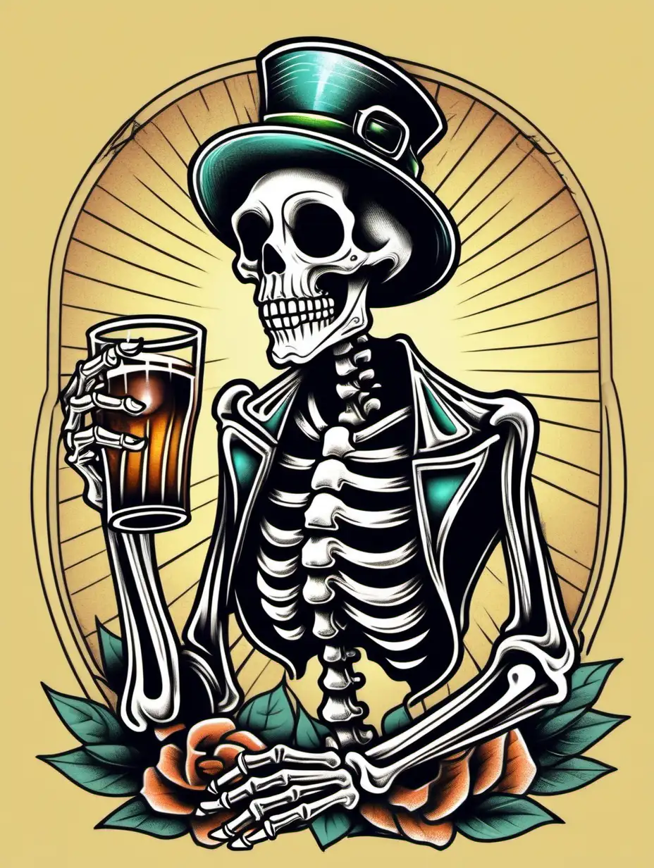 happy skeleton on holiday drinking, retro style, logo, black lines, illustrated design, detailed, tattoo style 