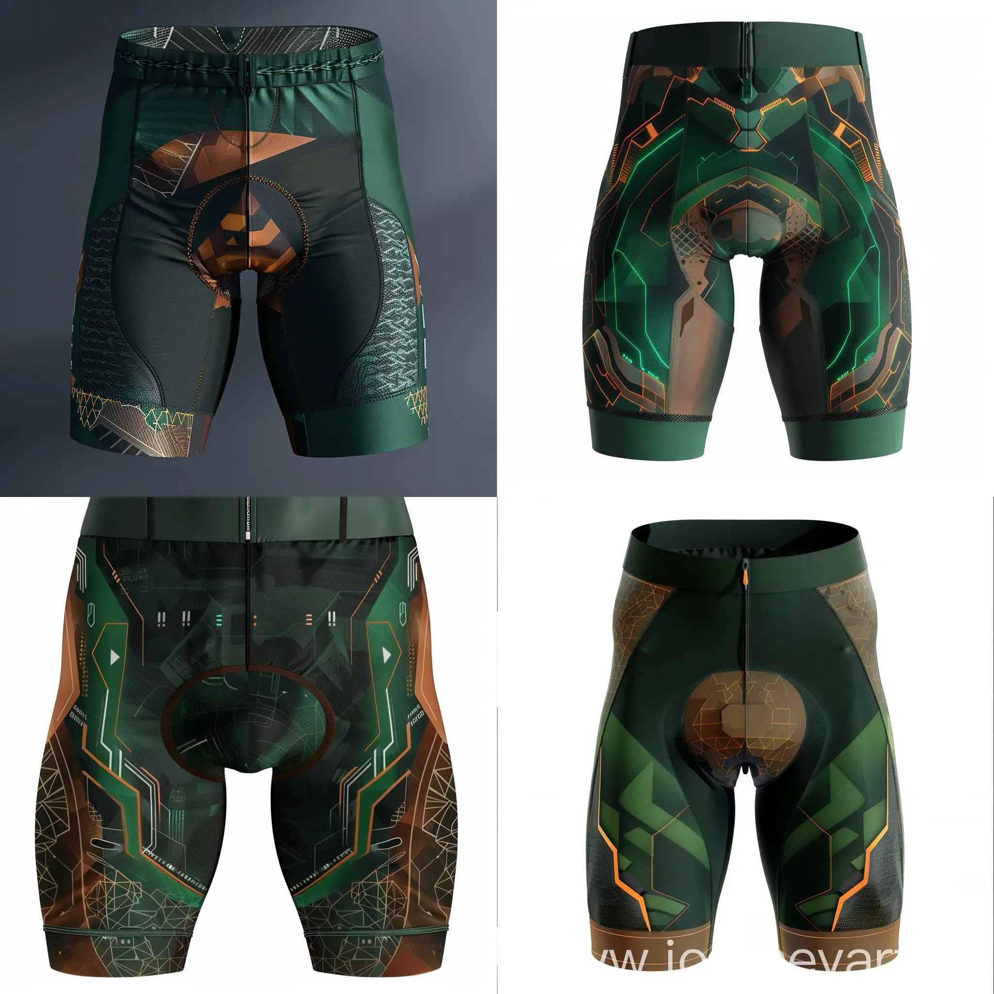 Front-View-Cybernetic-Cycling-Shorts-Design-in-Dark-Green-Brown-and-Orange-Colors