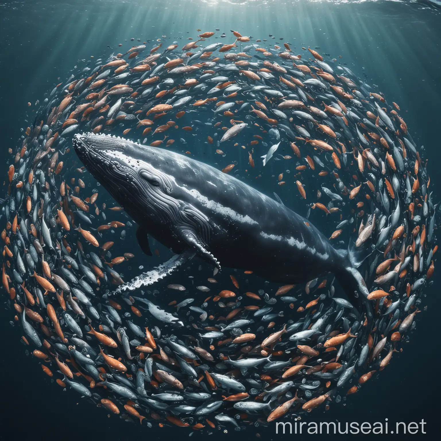 Majestic Whale Surrounded by Colorful Fish in Ocean