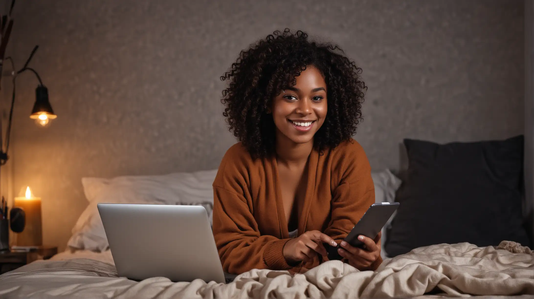 Happy Black Girl with Curly Hair Using Laptop in Cozy Room