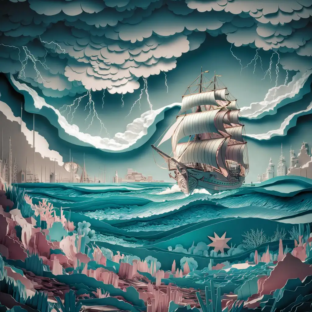 laser-cut paper illustration, multi-layered paper, high-detail colored paper, beautiful pastel colors штормовое небо над океаном пейзаж