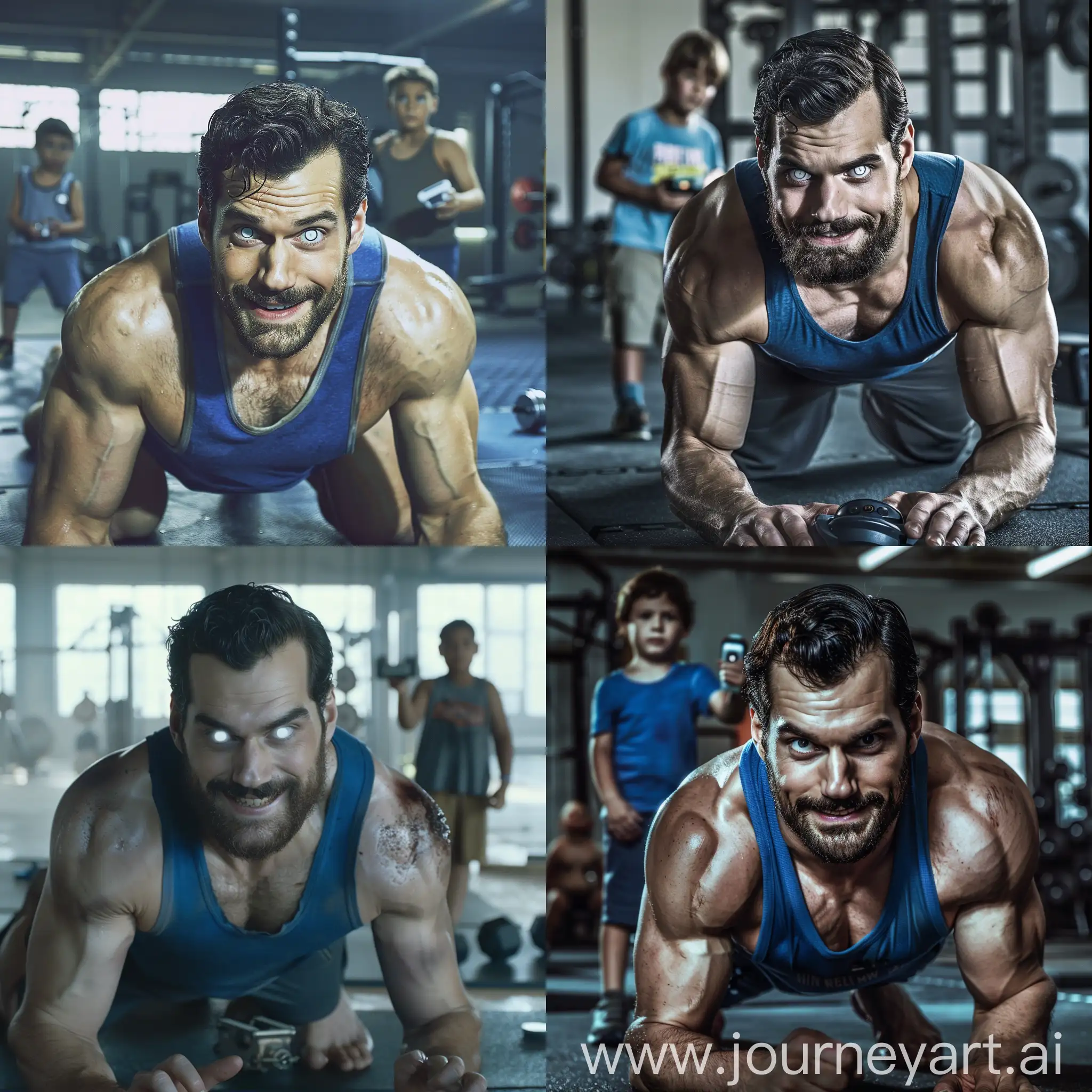 Cinematic lighting, realistic movie scene, Handsome bearded Henry Cavill, Muscular Henry Cavill crawling on all fours, wearing a blue tank top, burly beefy Henry Cavill, gym background, on all fours with his eyes white and with milky color pupils, white blank eyes, smiling Henry Cavill, crawling on all fours, with one handsome young overweight boy standing in the background holding a small controle remote device, young overweight man holding a control device on his hands, blurry empty gym background