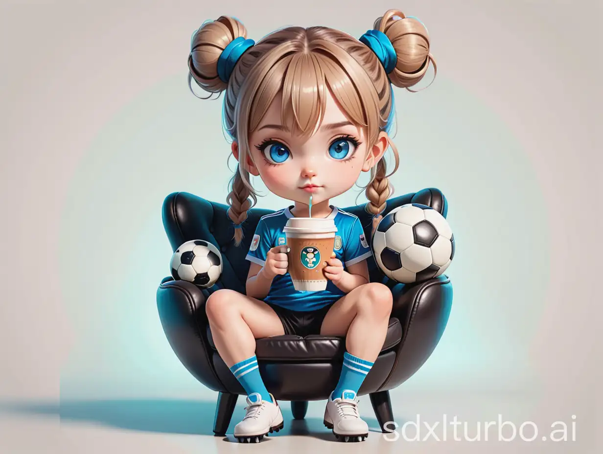 Girl, with two buns tied on her head, bangs, blue eyes, feet on a soccer ball, holding a coffee, cartoon style, all in a chibi style, sitting on a chair.