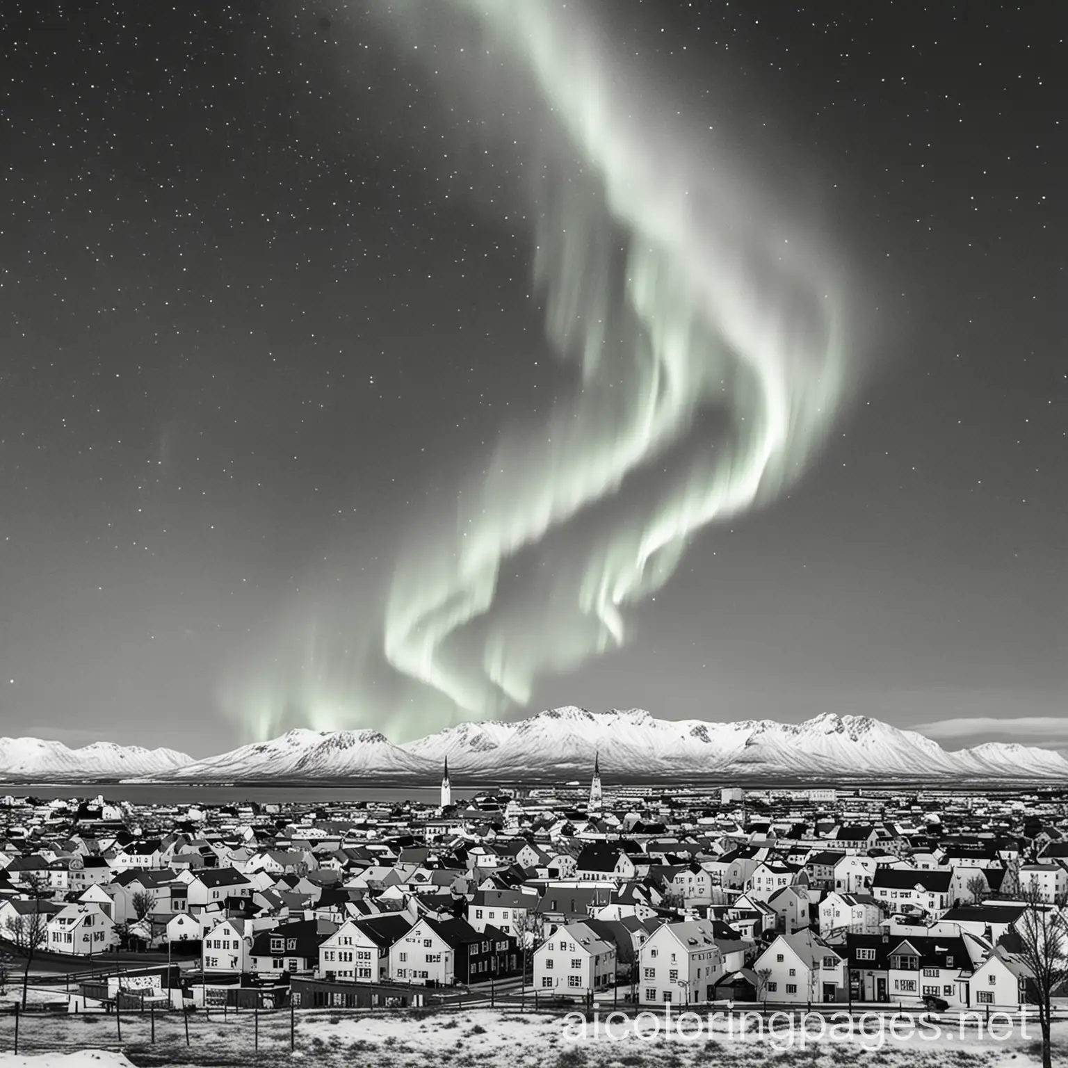 Northern Lights Reykjarvik Iceland Grey and White, Coloring Page, black and white, line art, white background, Simplicity, Ample White Space. The background of the coloring page is plain white to make it easy for young children to color within the lines. The outlines of all the subjects are easy to distinguish, making it simple for kids to color without too much difficulty
