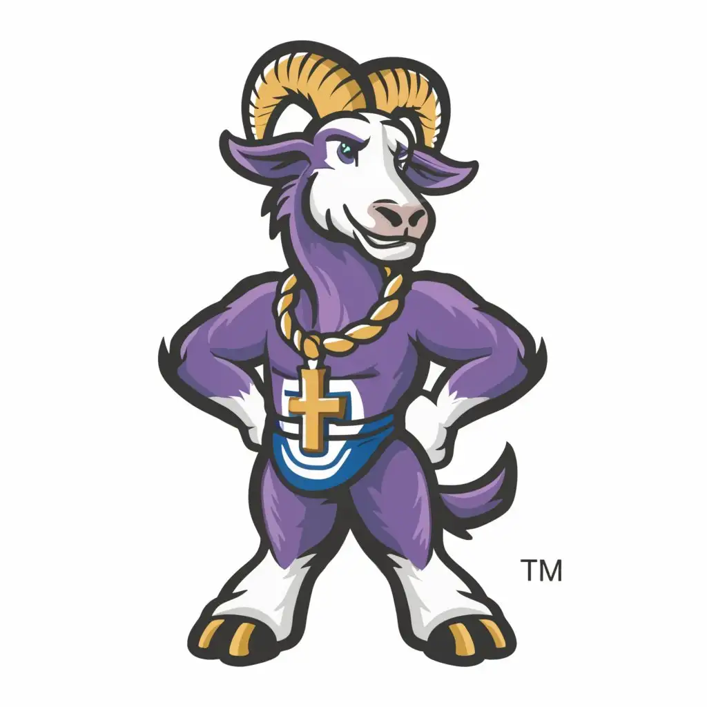 a logo design,with the text "GOATS", main symbol:Mascot goat design I want a goat that is Wearing a sports medal that has a cross on it. This is a christian sports organization.   and are colors are purple and gold ONLY A GOAT NOT LOGO NAME,Moderate,clear background