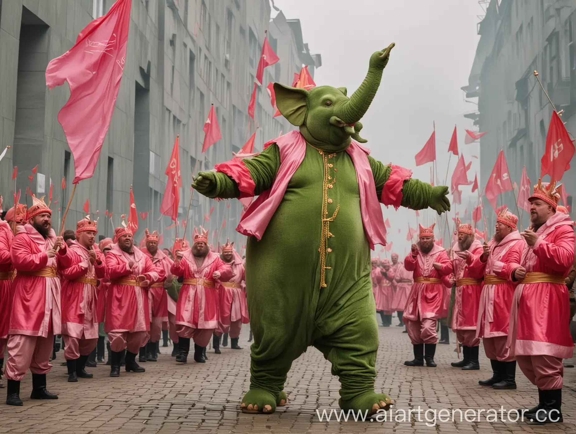 A bald, fat, shaggy man dressed in a green elephant costume, dancing with friends in pink deer costumes, red flags flying on ropes, a large statue of Lenin