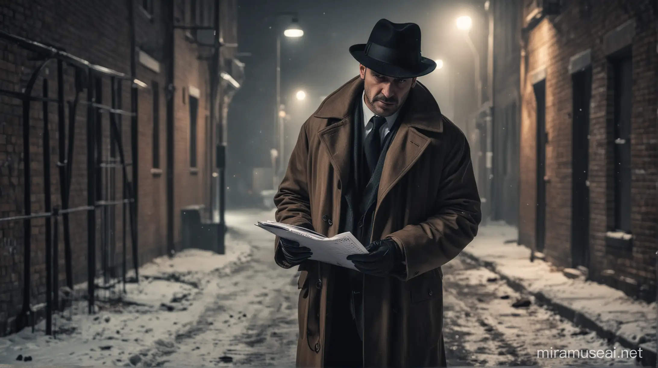 detective with a coat and a notepad in his hand at the crime scene at winter night in an alley of the horror city
