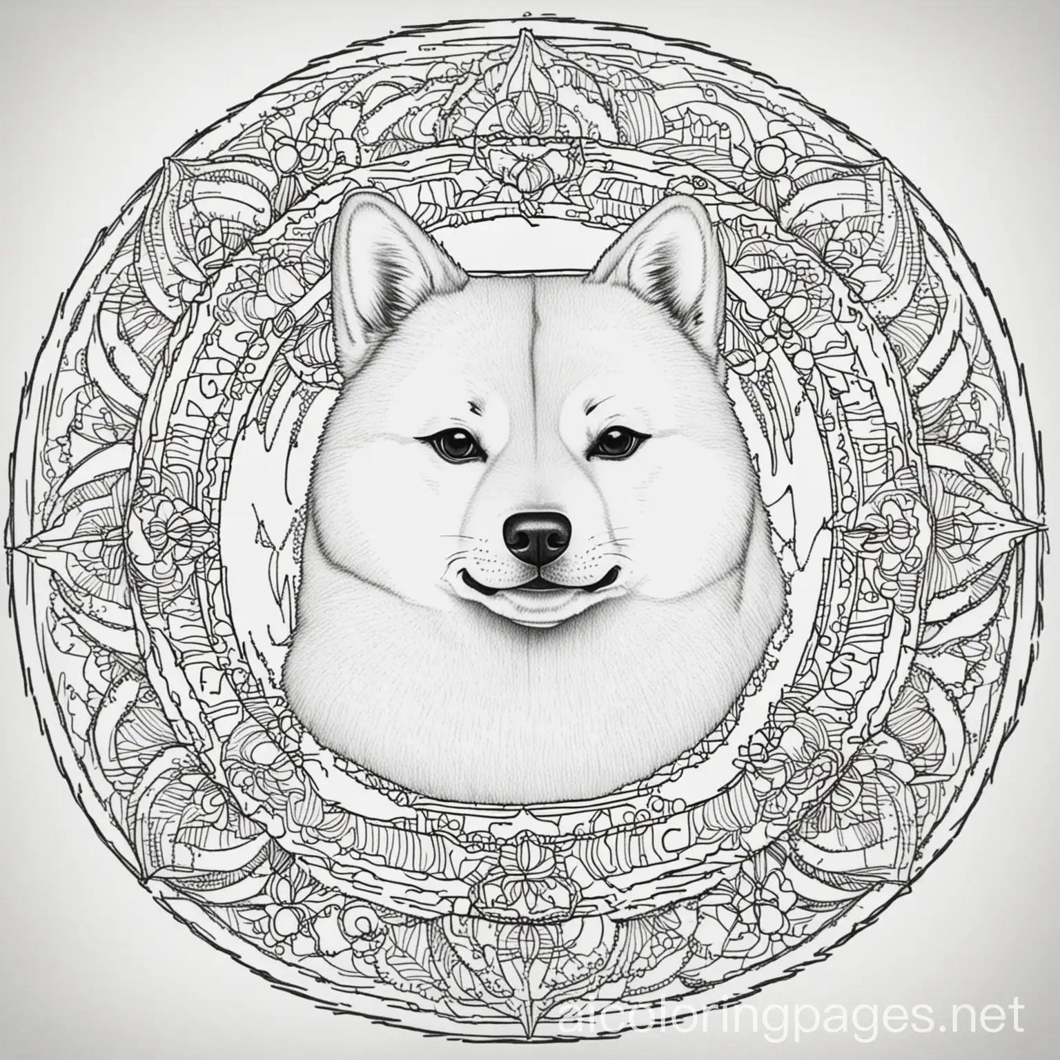 Shiba Inu dog  mandala coloring page
, Coloring Page, black and white, line art, white background, Simplicity, Ample White Space. The background of the coloring page is plain white to make it easy for young children to color within the lines. The outlines of all the subjects are easy to distinguish, making it simple for kids to color without too much difficulty