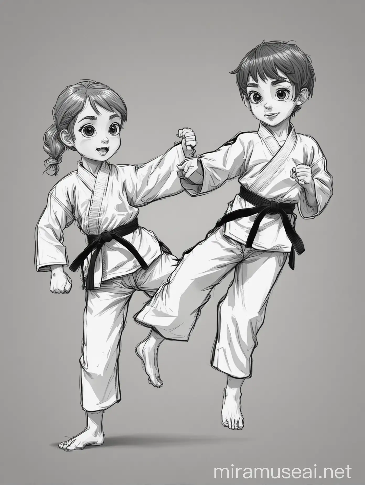 Cute Karate boy and girl wearing karate suit,  practicing kicking and blocking,  white coloring page, no grey, no fill, solids lines. 