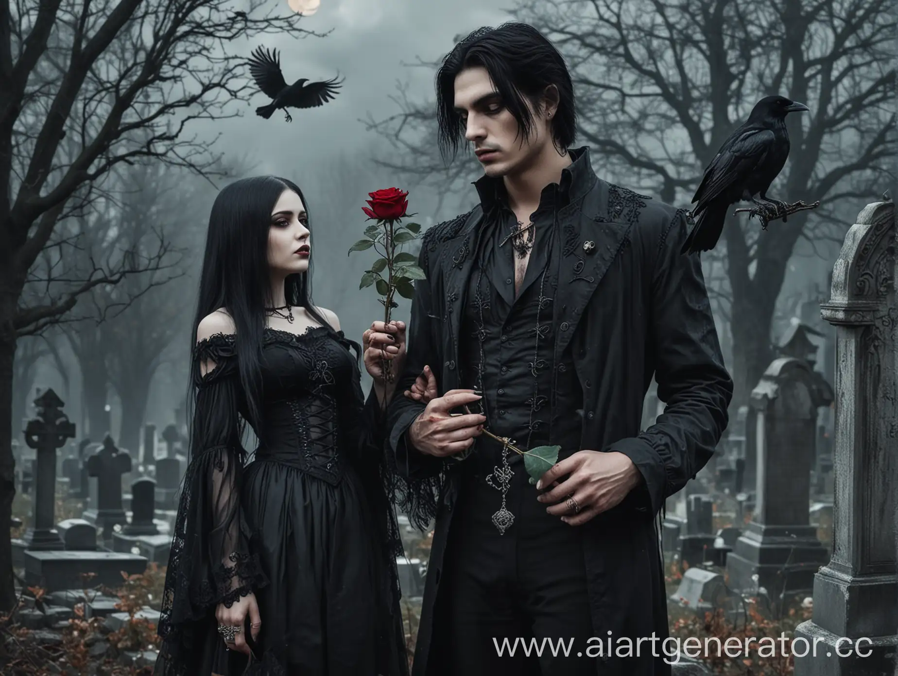 мужчина с черными волосами  держит розу в руке. рядом женщина девушка готика  .кладбище вороны луна. готика
