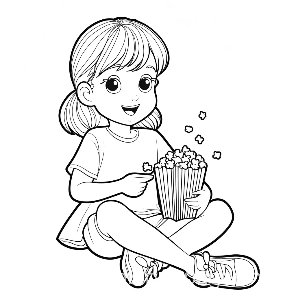 Little girl 2atching a movie eating popcorn, Coloring Page, black and white, line art, white background, Simplicity, Ample White Space. The background of the coloring page is plain white to make it easy for young children to color within the lines. The outlines of all the subjects are easy to distinguish, making it simple for kids to color without too much difficulty