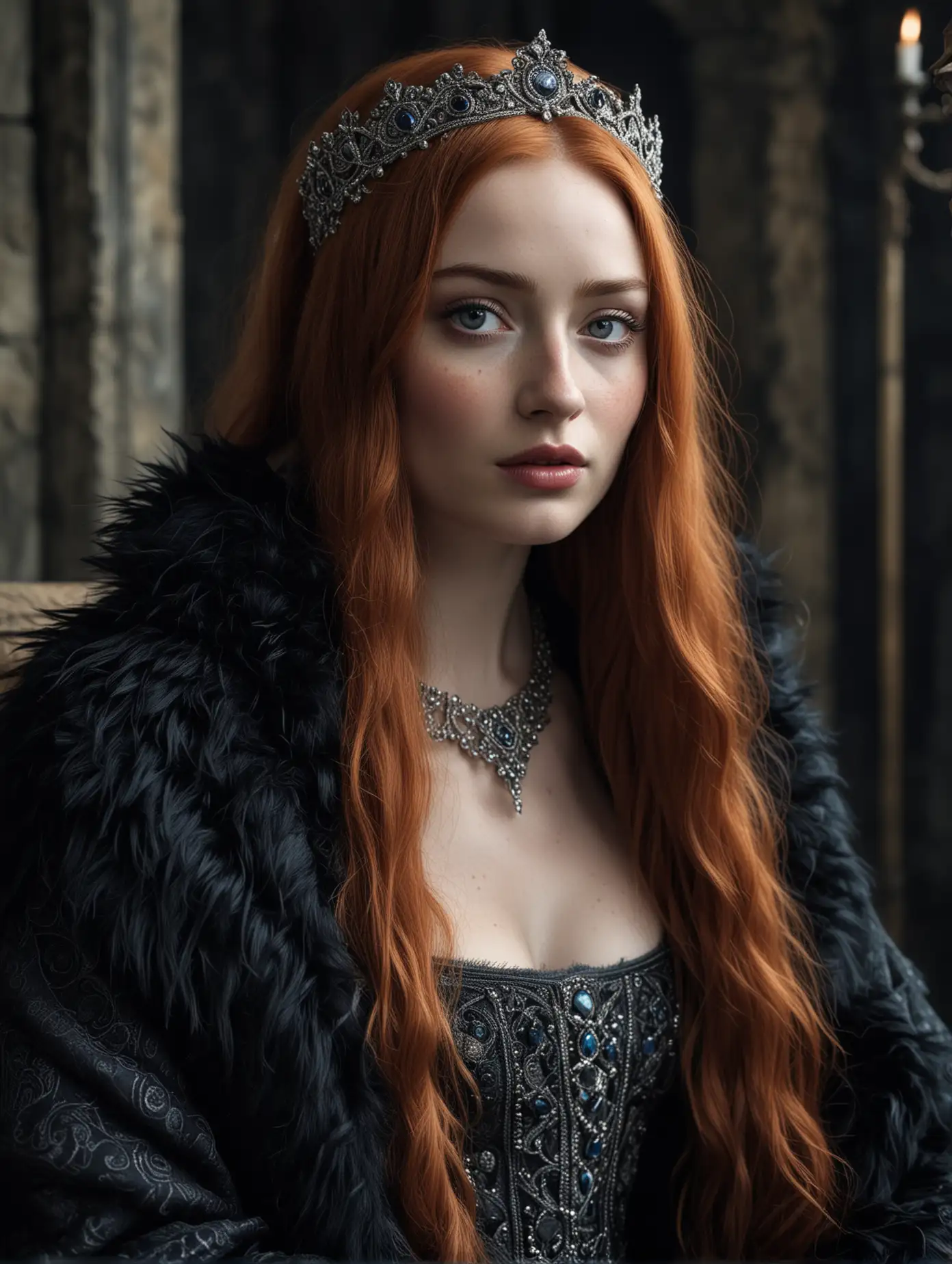 High-resolution portrait of a medieval young queen, inspired by Sophie Turner as Sansa Stark, with long vibrant red hair, fair skin with light freckles, regal features including high cheekbones and a strong jaw, deep blue eyes, arched eyebrows, and plump lips, draped in a dark grey and black fur gown adorned with silver jewelry and intricate embroidery, styled in a heavy fur cloak, seated on a majestic dark wooden throne in a dimly lit grey stone room, evoking a medieval atmosphere 
