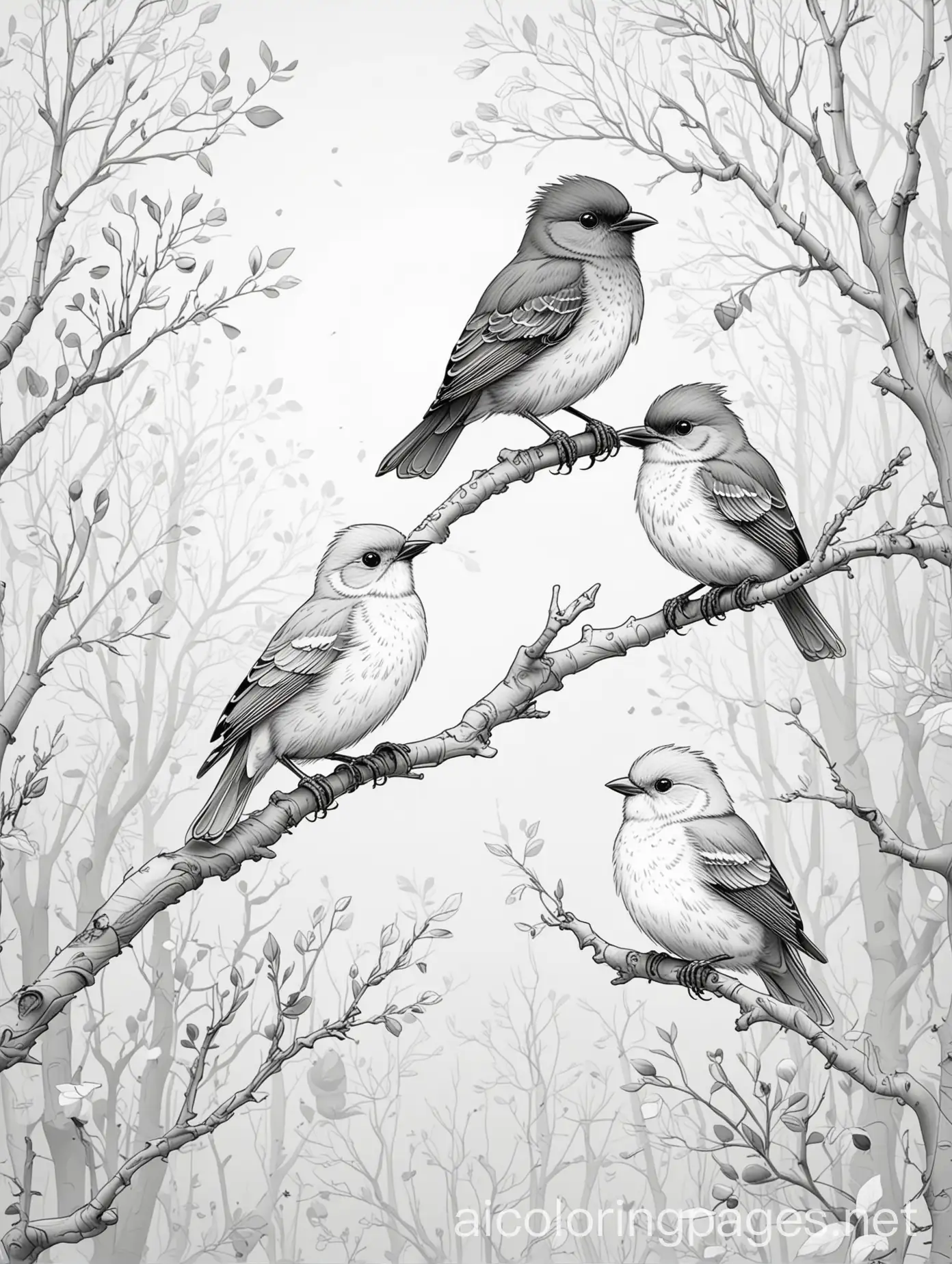 cute little cartoon style birds sitting on trees, smoky and haze surroundings, Coloring Page, black and white, line art, white background, Simplicity, Ample White Space