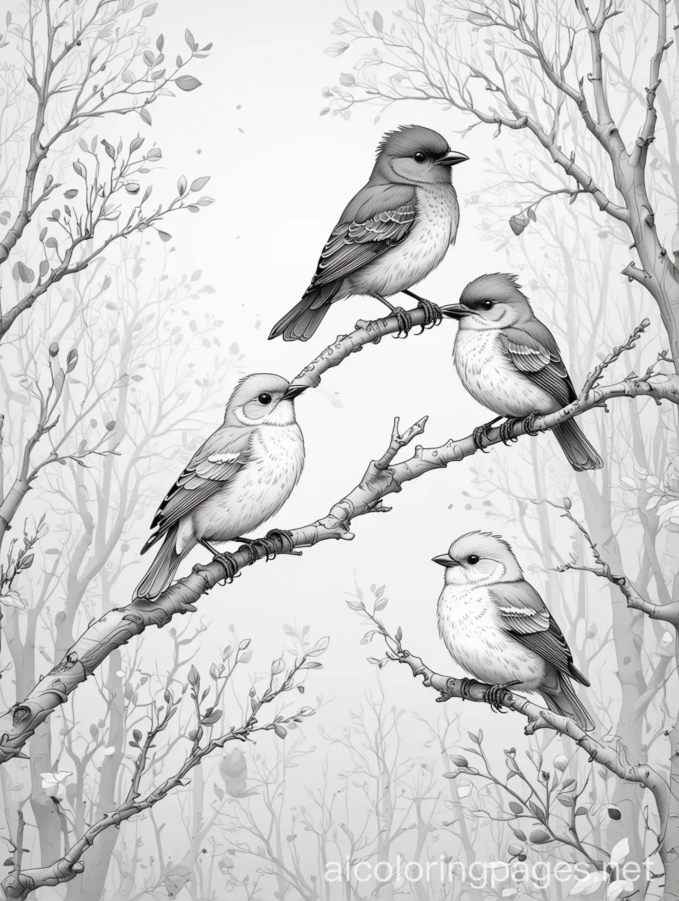 cute little cartoon style birds sitting on trees, smoky and haze surroundings, Coloring Page, black and white, line art, white background, Simplicity, Ample White Space. The background of the coloring page is plain white to make it easy for young children to color within the lines. The outlines of all the subjects are easy to distinguish, making it simple for kids to color without too much difficulty