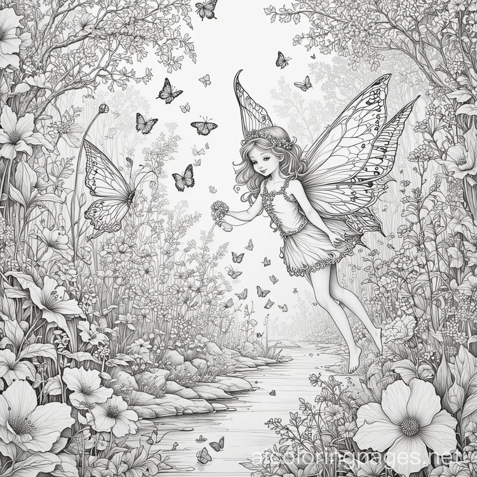 Enchanted Garden: Fairies, butterflies, and blooming flowers., Coloring Page, black and white, line art, white background, Simplicity, Ample White Space. The background of the coloring page is plain white to make it easy for young children to color within the lines. The outlines of all the subjects are easy to distinguish, making it simple for kids to color without too much difficulty