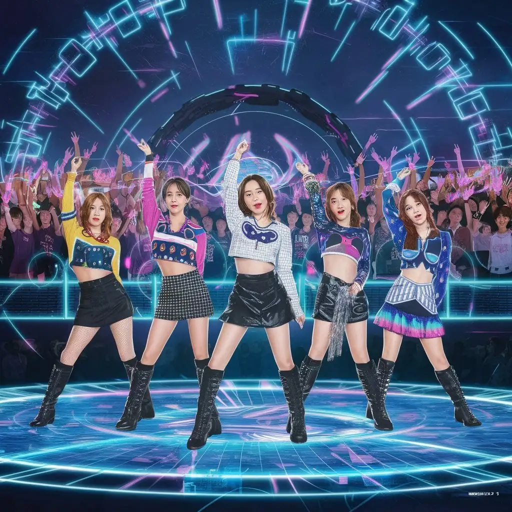 A vibrant illustration of a K-Pop idol group performing in a holographic concert.