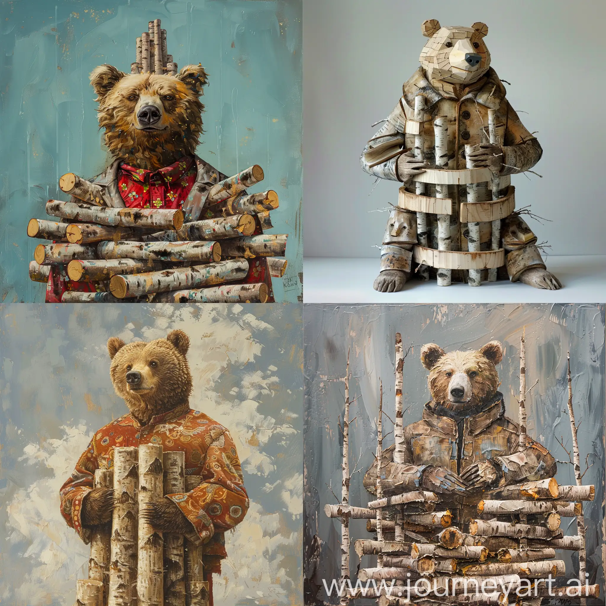 bear in a Russian shirt, a tower made of birch bars