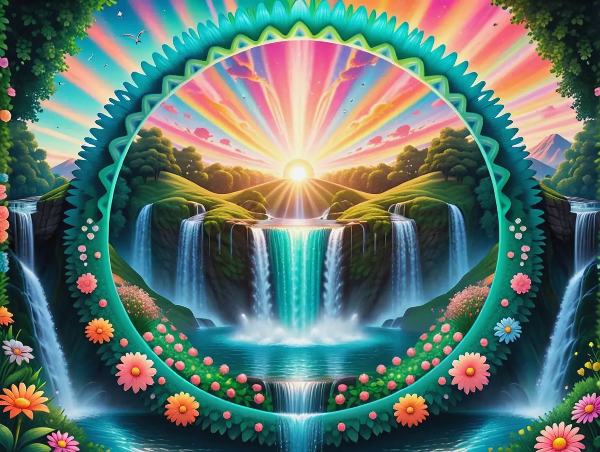 Create a fusion of psychedelic arts in a mandala format.
Background that is smooth, keeping the center free for a logo. The theme is waterfall, sunset, spring, flowers