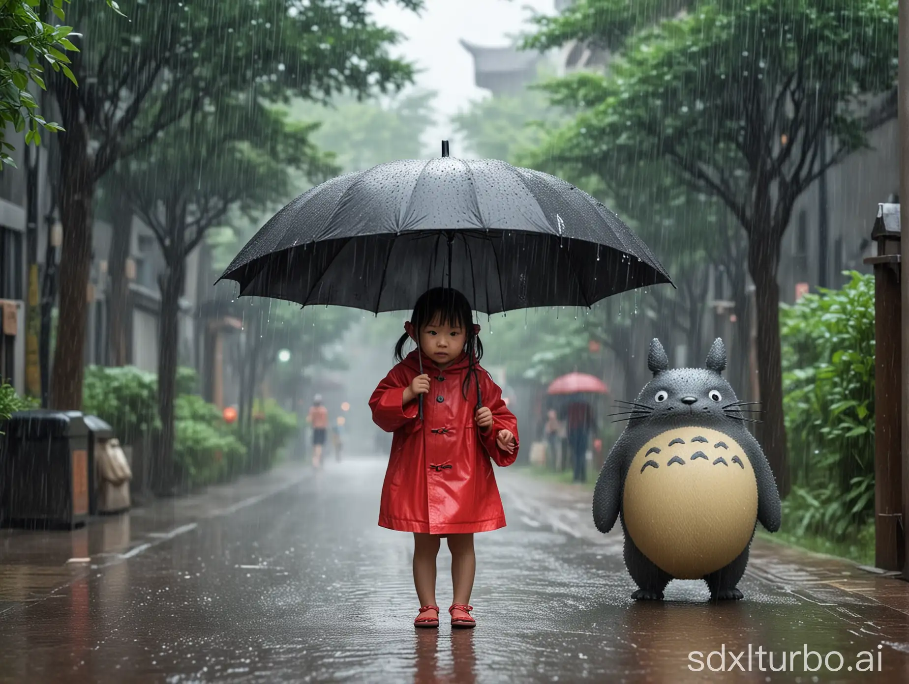 Chinese little girl and Totoro play in the rain