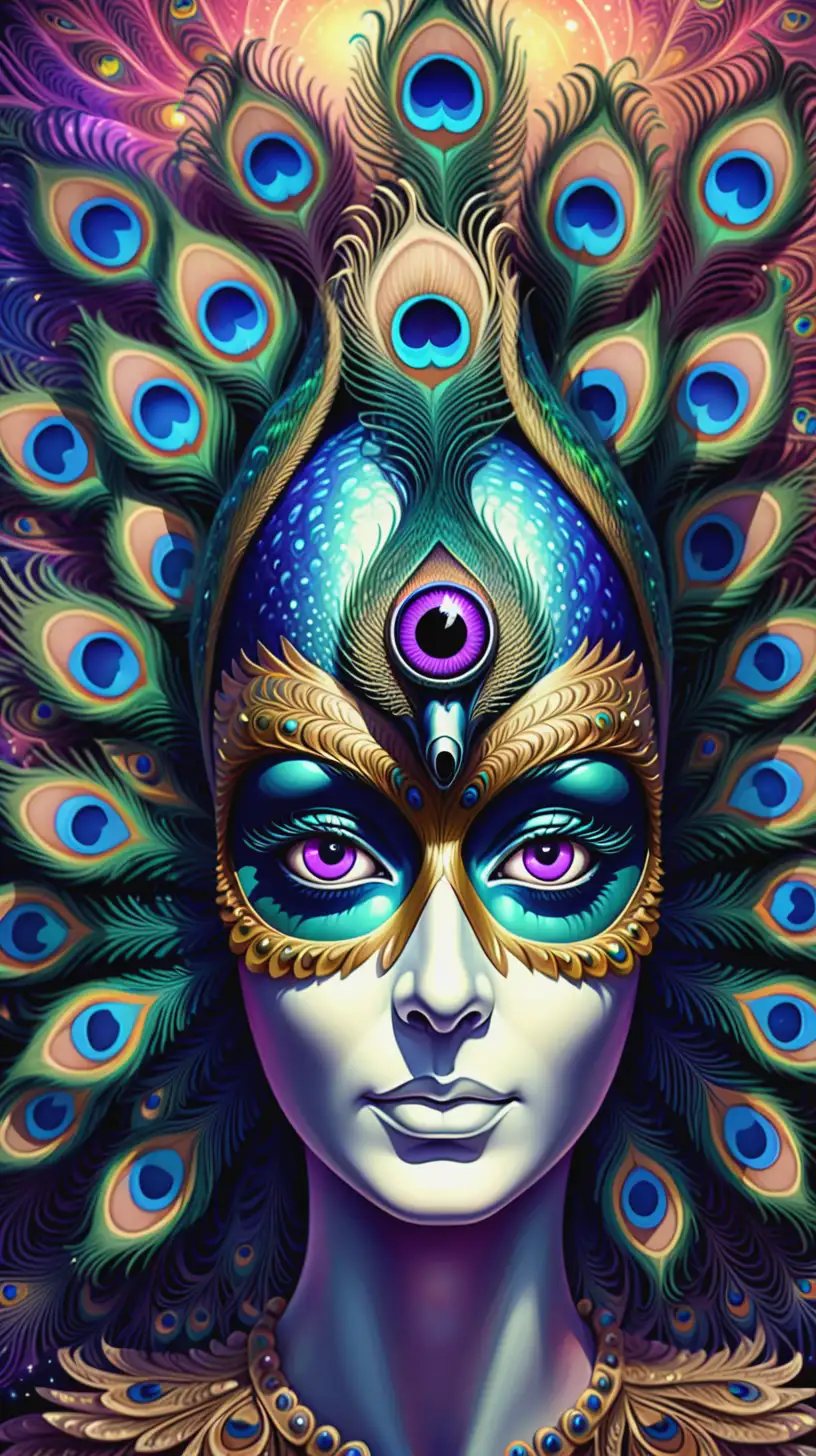 Psychedelic dmt marvelous peacock mascarade with a third eye humanoid face, cosmic, shining