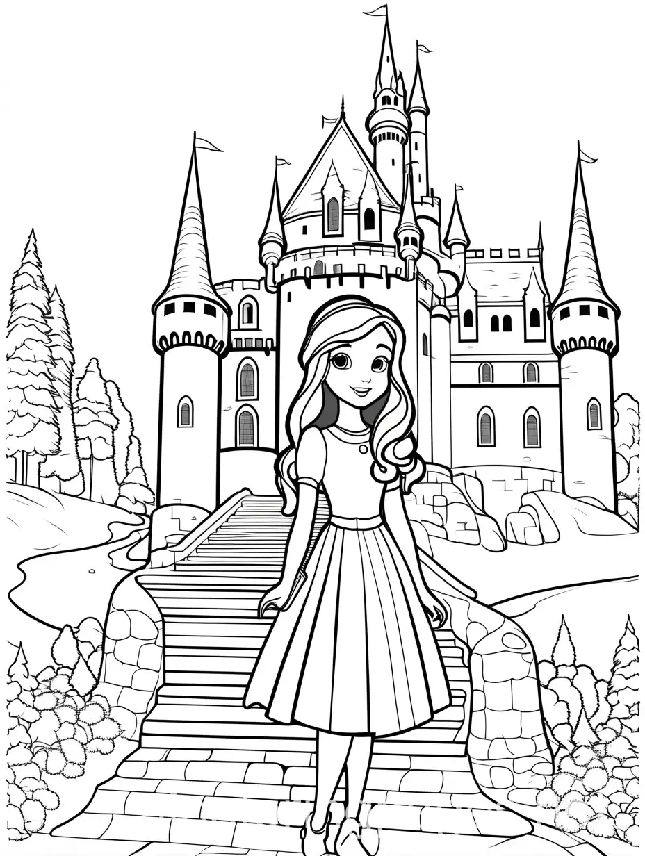 black and white outline art for Princess going to school in the castle coloring book page Coloring pages for kids, full white, kids style, white background, full body, Sketch style, ((white background)), use just outline, cartoon style, line art, coloring book, clean line art, white background , Coloring Page, black and white, line art, white background, Simplicity, Ample White Space