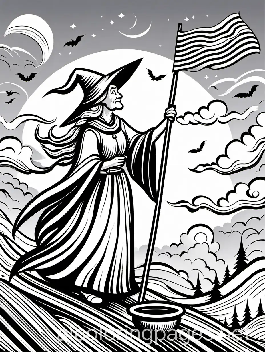 Elderly-Witch-Flying-on-Wooden-Mortar-with-Broom-and-Flag-Coloring-Page