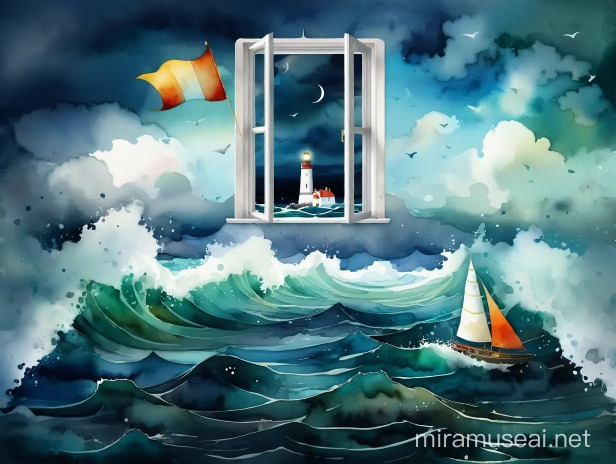море, маяк, комната, окно, волны, облака, watercolour style by Alexander Jansson