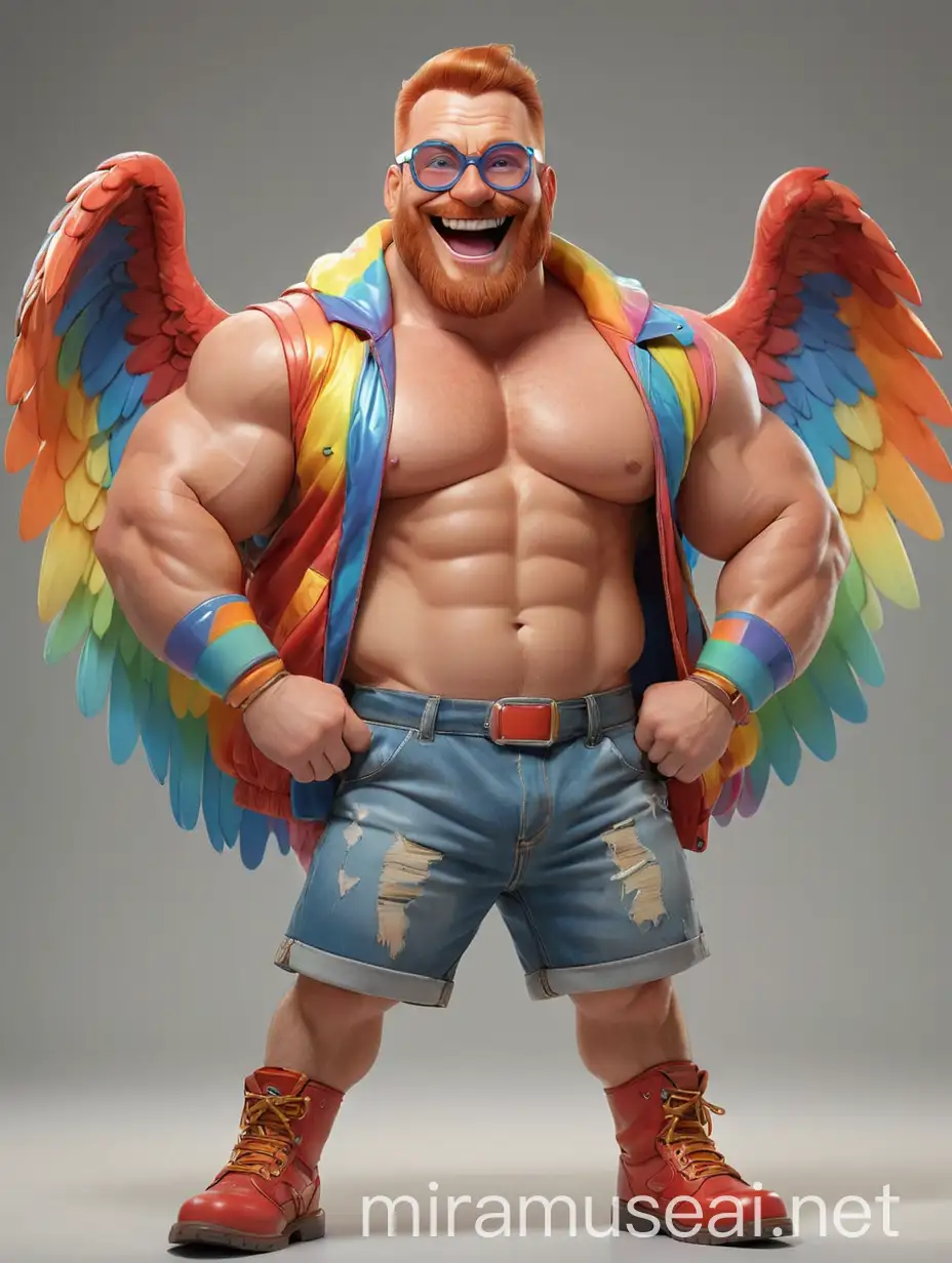 Studio Light Subtle Smile Topless 40s Ultra beefy Red Head Bodybuilder Daddy Big Eyes with Beard Wearing Multi-Highlighter Bright Rainbow Colored See Through huge Eagle Wings Shoulder Jacket short shorts low leather boots and Flexing his Big Strong Arm Up with Doraemon Goggles on forehead