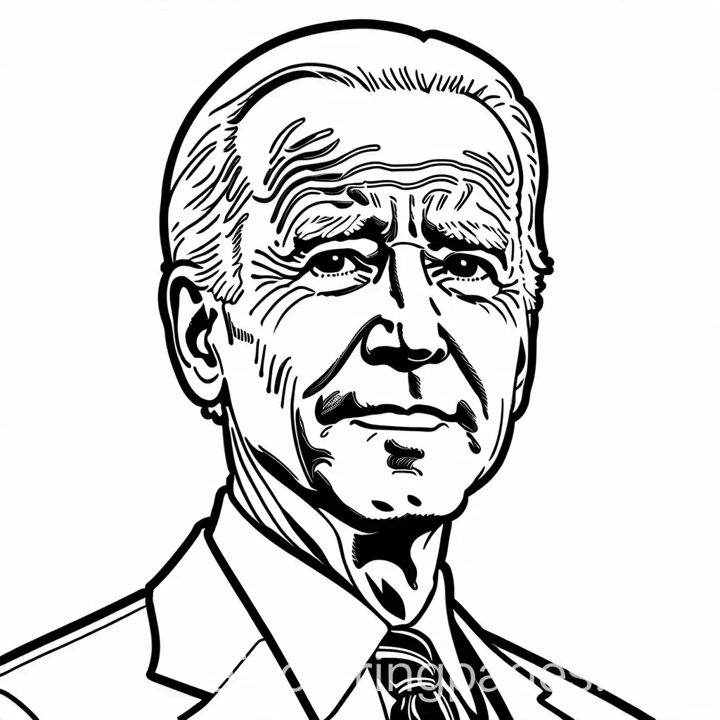 joe biden, Coloring Page, black and white, line art, white background, Simplicity, Ample White Space. The background of the coloring page is plain white to make it easy for young children to color within the lines. The outlines of all the subjects are easy to distinguish, making it simple for kids to color without too much difficulty
