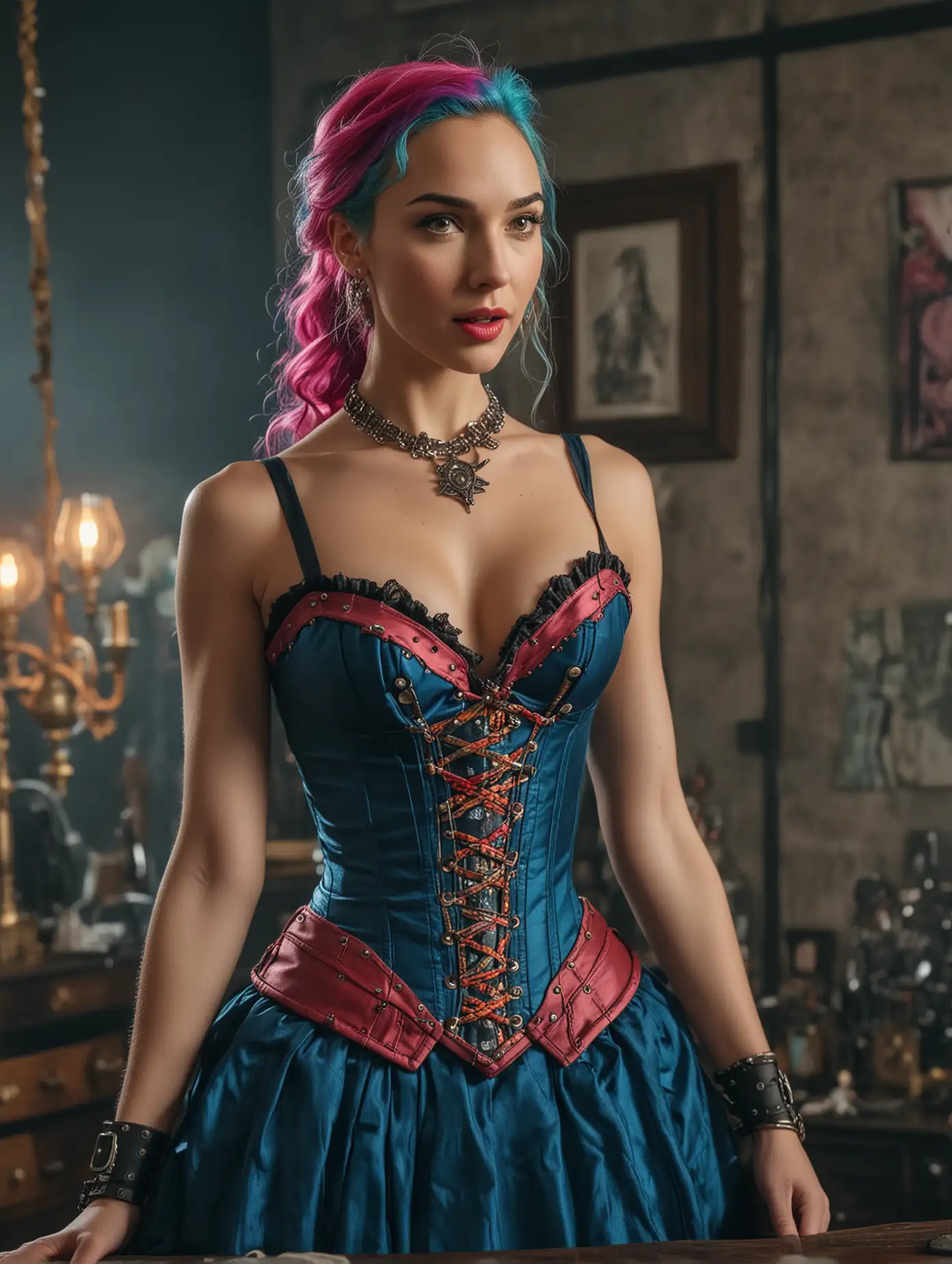 Steampunk-Room-Portrait-with-Multicolored-Corset-and-Sheer-Blue-Skirt
