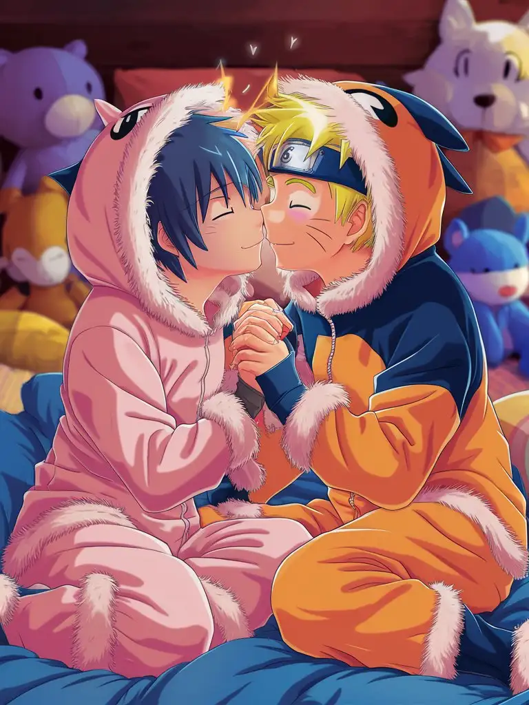 cute Naruto and Sasuke, fluffy-fur-trim-onesie, glowing eyes, fluffy-fleece, kissing