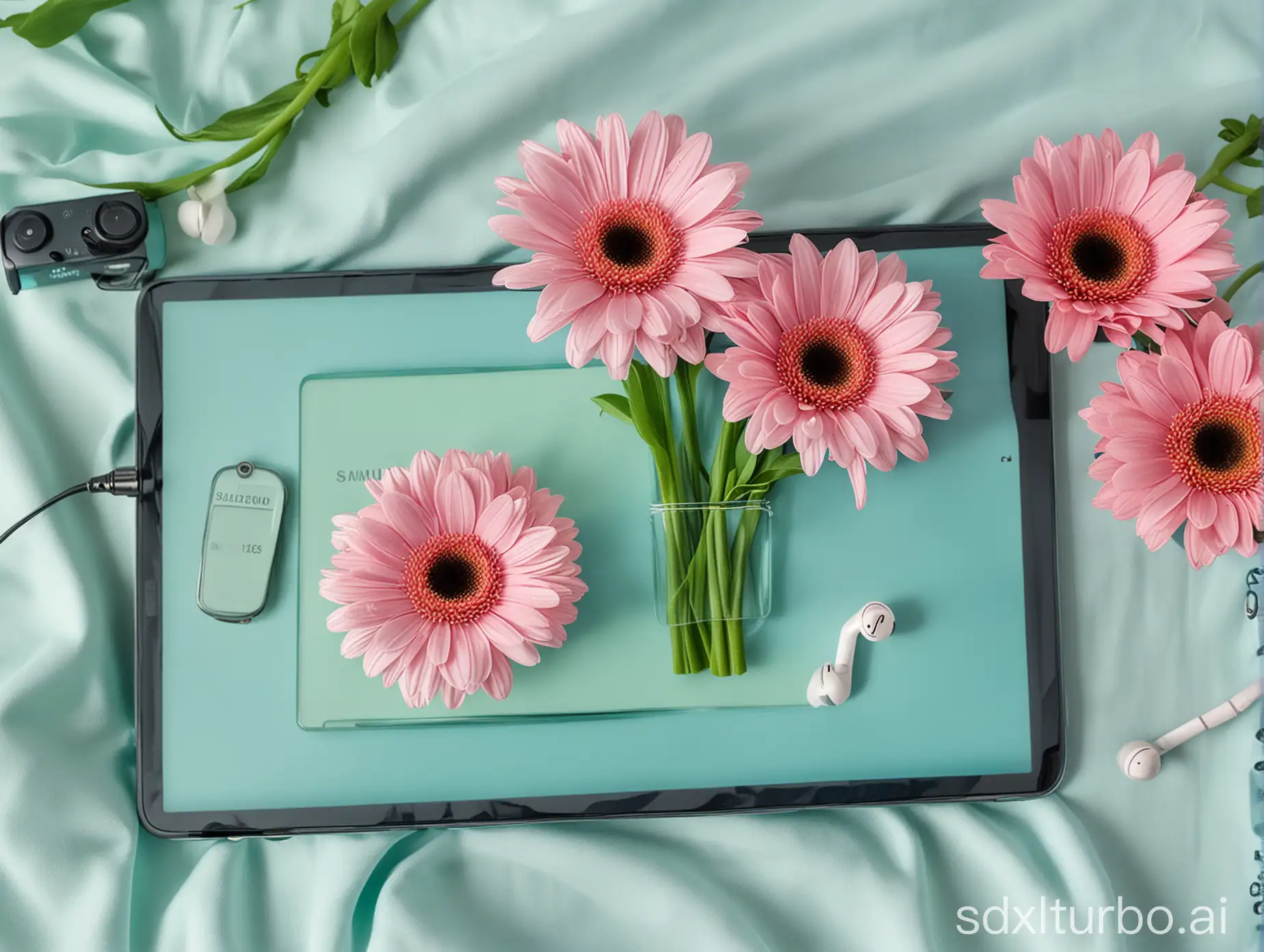 Woman-Texting-on-Samsung-Laptop-and-Phone-with-Earbuds-Amidst-Gerberas