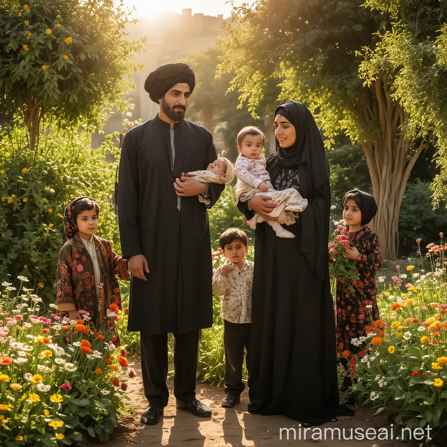 Iranian Family Admiring Sunlight Amidst Lush Floral Surroundings