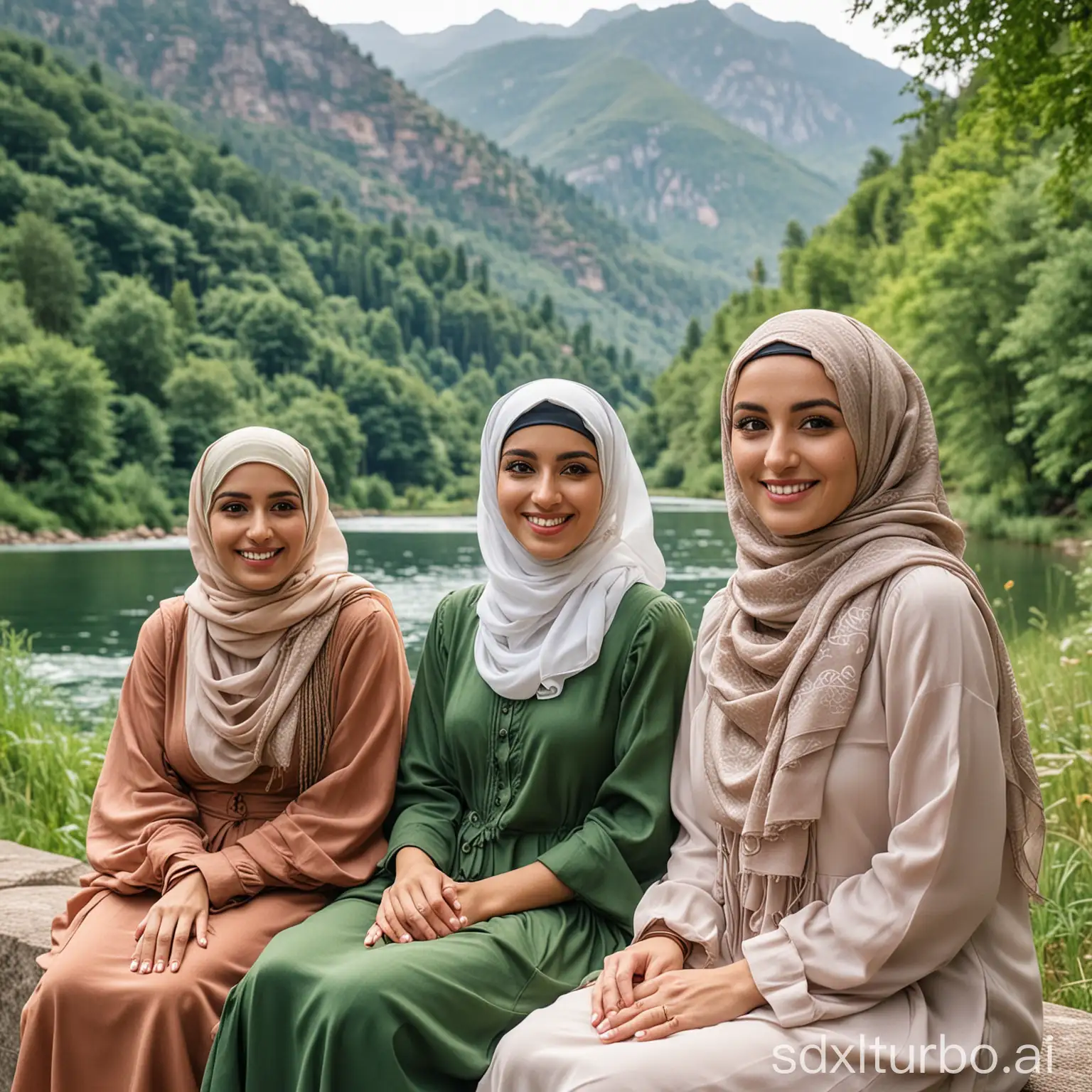 4 beautiful women, wearing hijabs, sitting leisurely in front of the dam, with mountains in the background, and green trees. Thin smiles, faces straight towards the camera