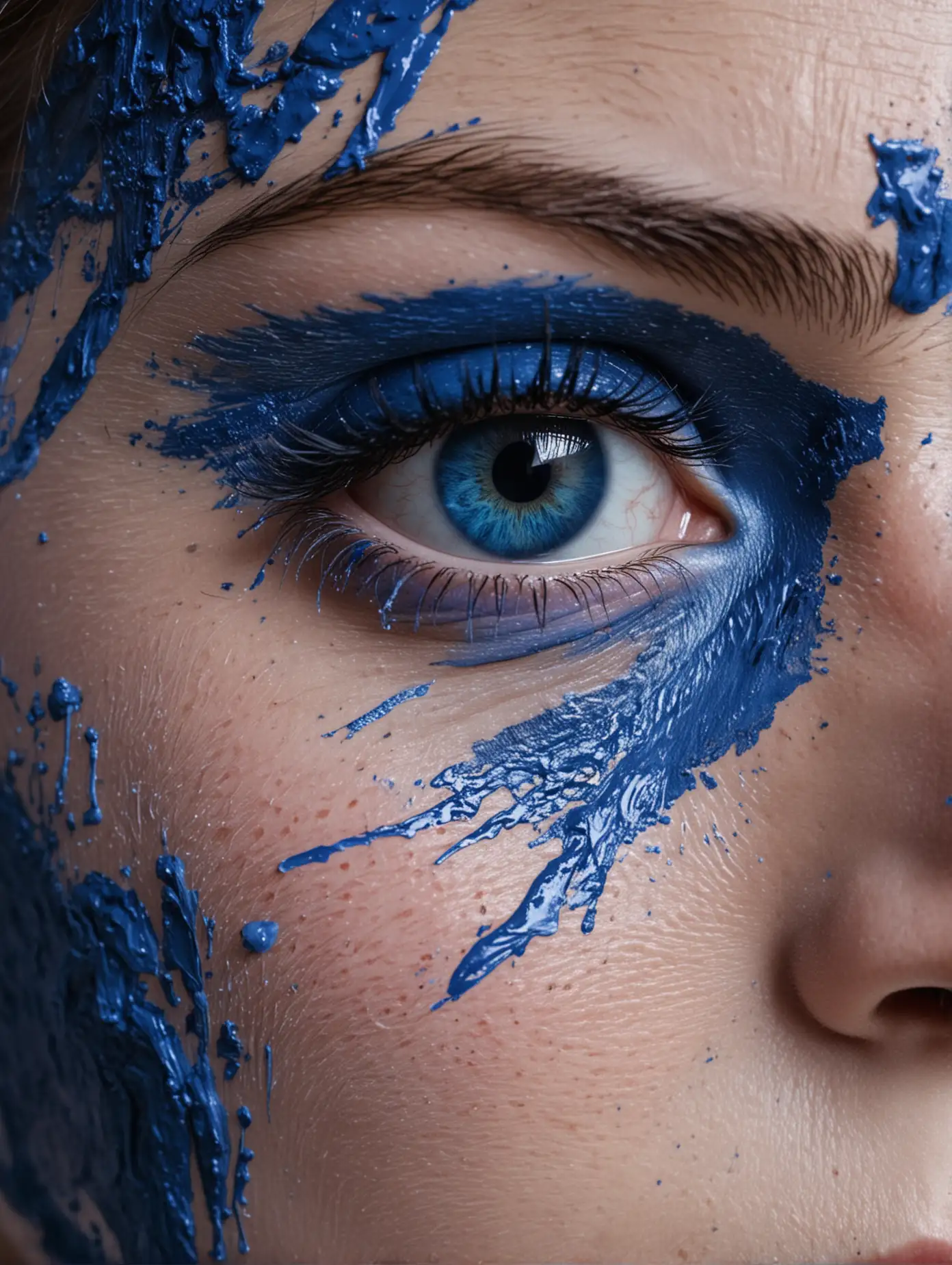 an artists photo a close up of a woman's eye face covered in blue paint