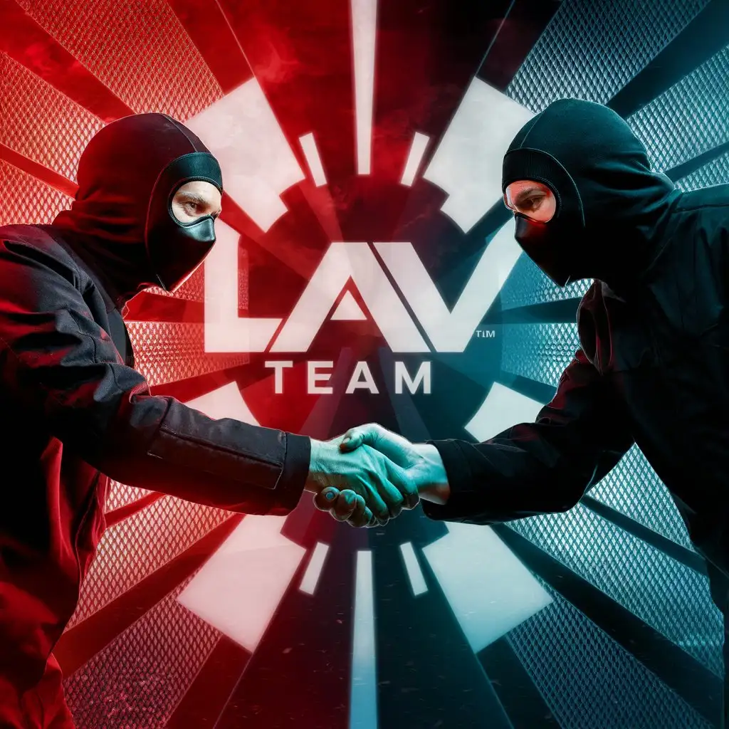 Два человека в маске и в черных пиджаках жмут друг другу руку, на фоне графики и надпись lav team