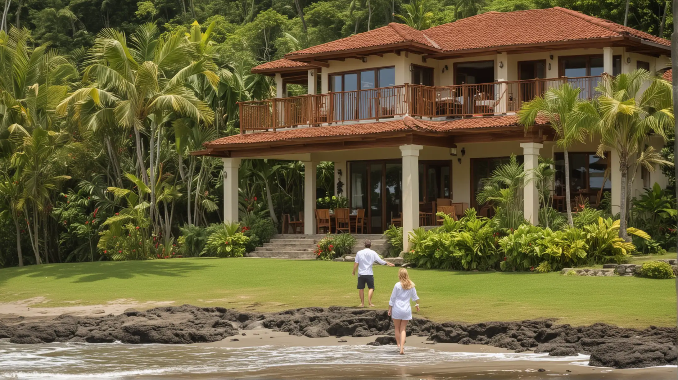 please provide a photo of a vacation home manager outside of a ocean front vacation home in costa rica greeting guests.

