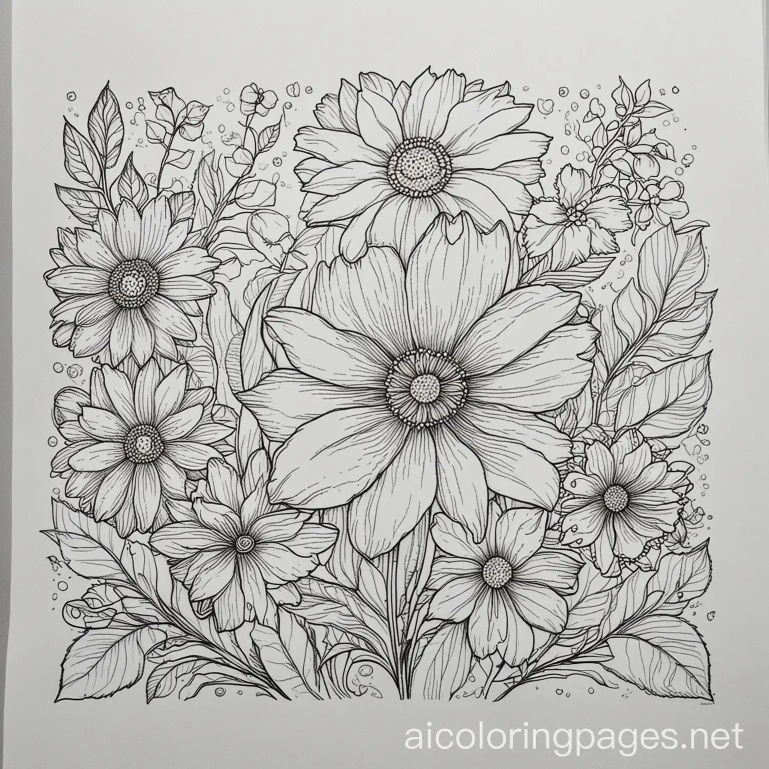 create a coloring page with a blend of different types of flowers, Coloring Page, black and white, line art, white background, Simplicity, Ample White Space. The background of the coloring page is plain white to make it easy for young children to color within the lines. The outlines of all the subjects are easy to distinguish, making it simple for kids to color without too much difficulty