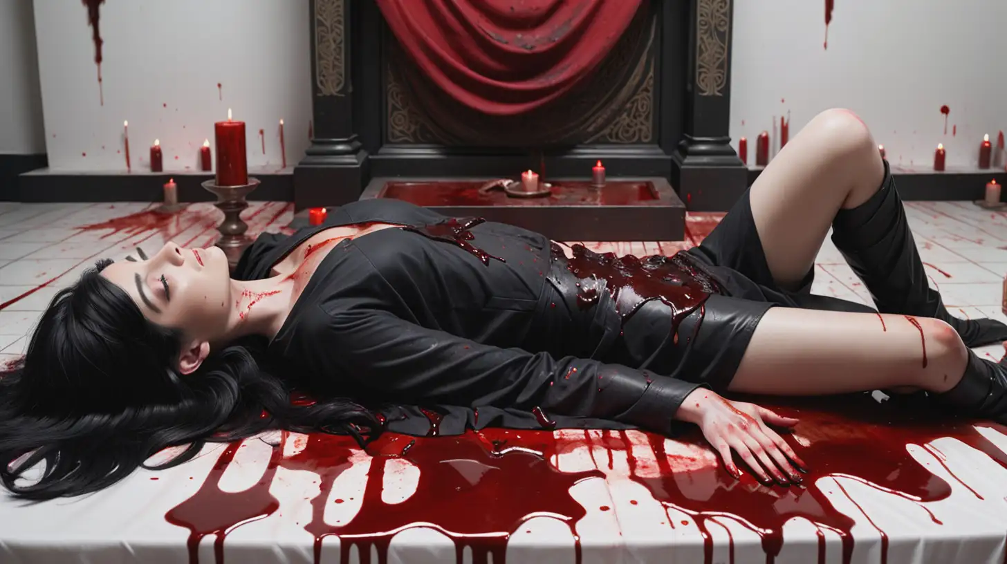 a black haired women is laying flat on her back lying on a bloody altar with no background