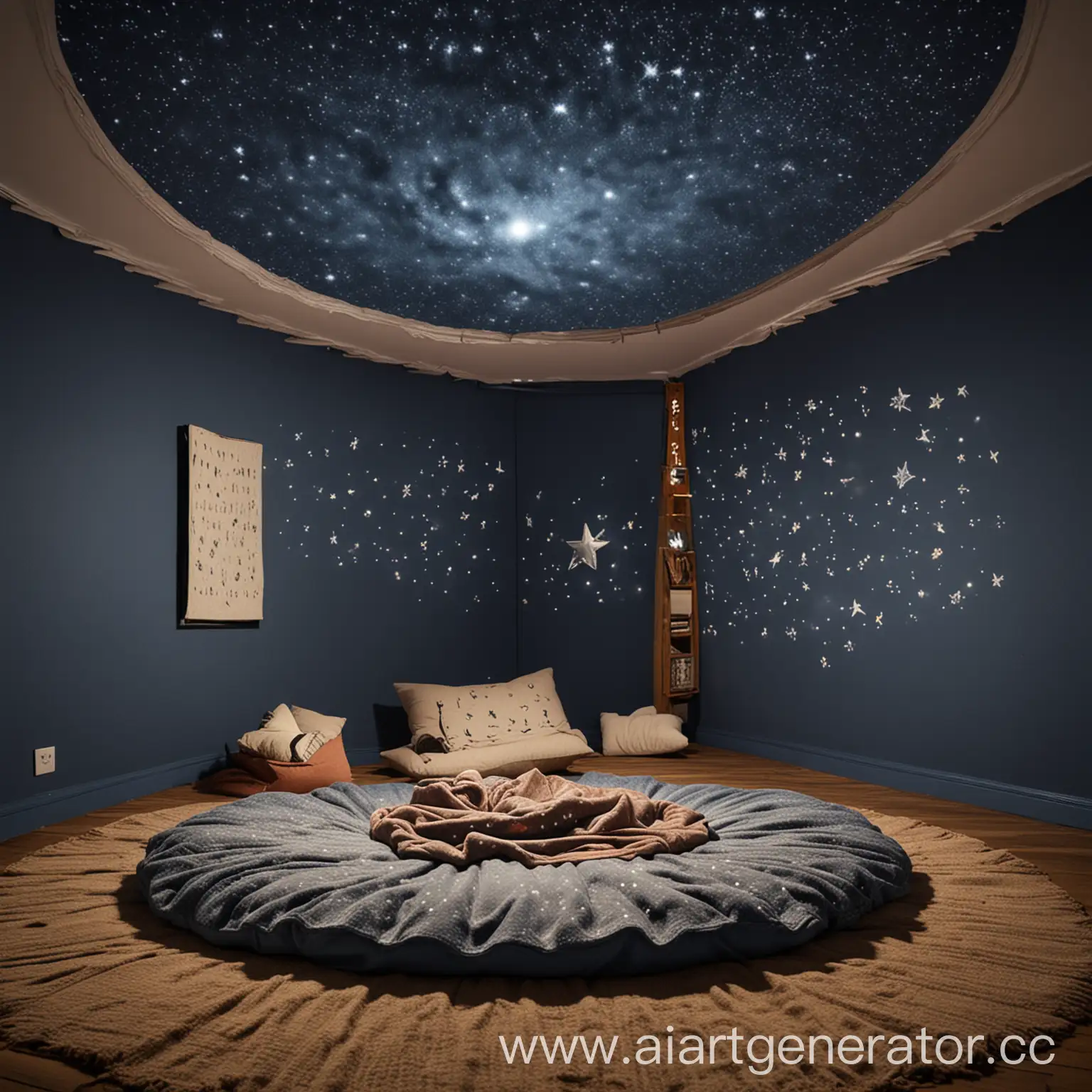 Комната с подушками и пледом на полу по кругу, в центре проектор звездного неба