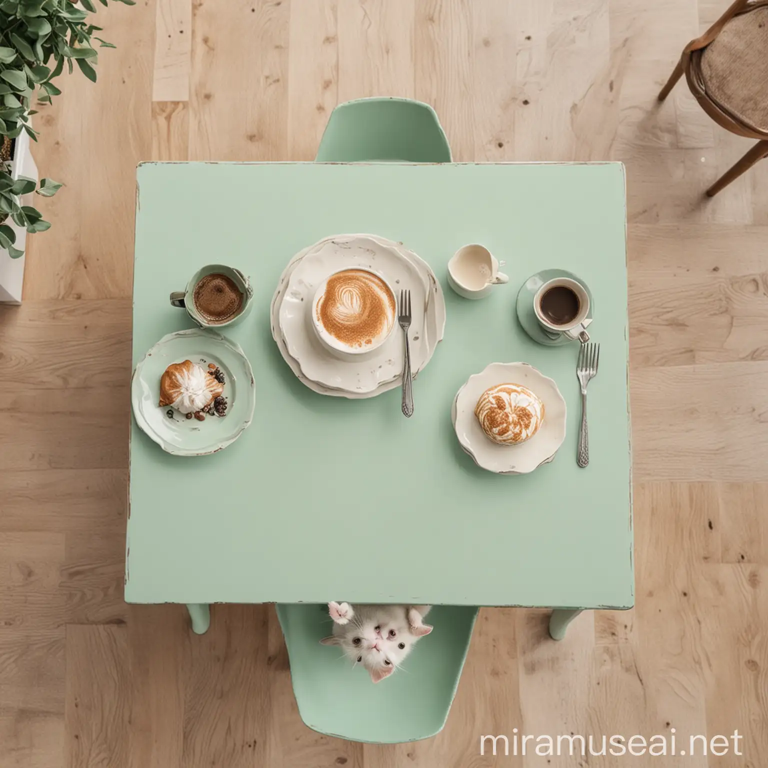 Create an image of a pastel green table viewed from a bird's eye view perspective. On the table, there should be a cute cat sitting next to a ivory coffee cup. Leave some space on the table where I can place a menu design. The overall style should be warm, cozy, and inviting, matching the vibe of a cat cafe. 