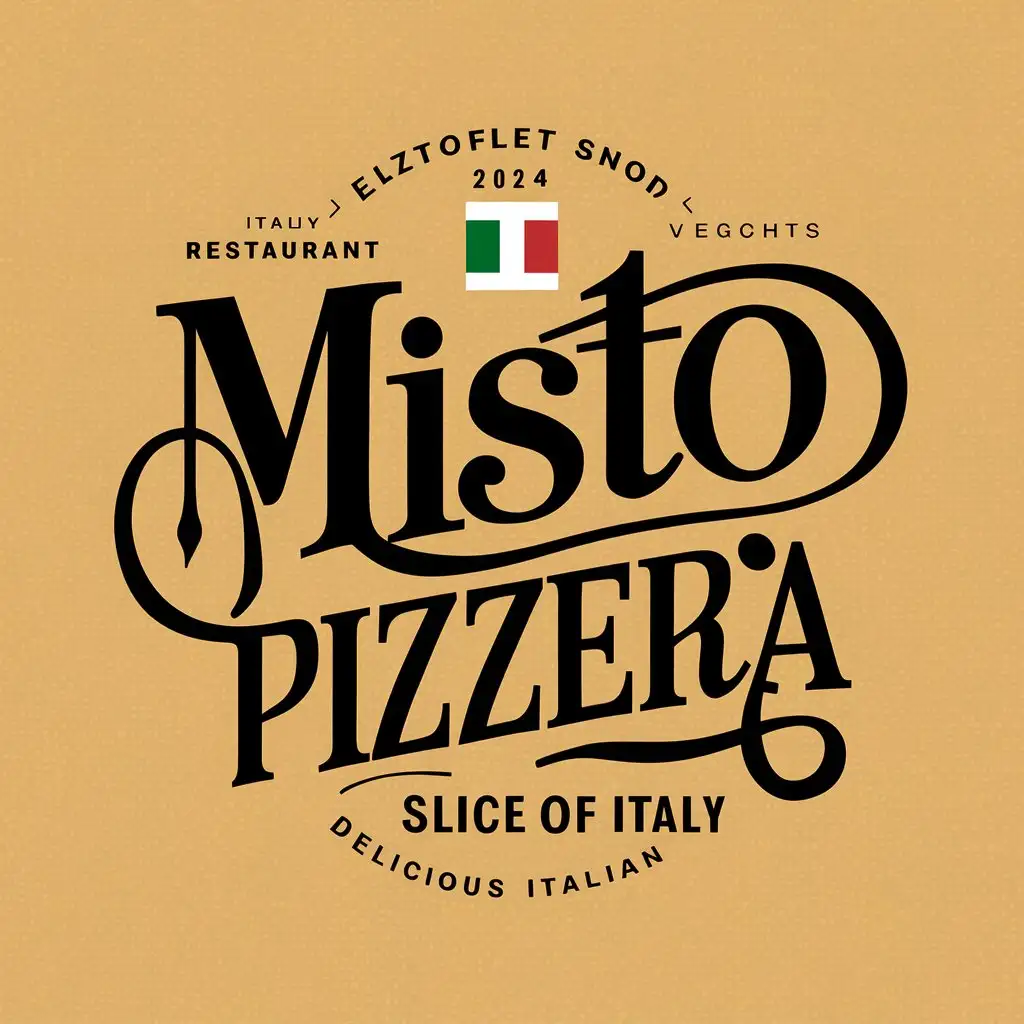 Misto Pizzeria, Typography , EST 2024 , Italy flag, Slogan, Slice of Italy, Brand identity , beige background, 