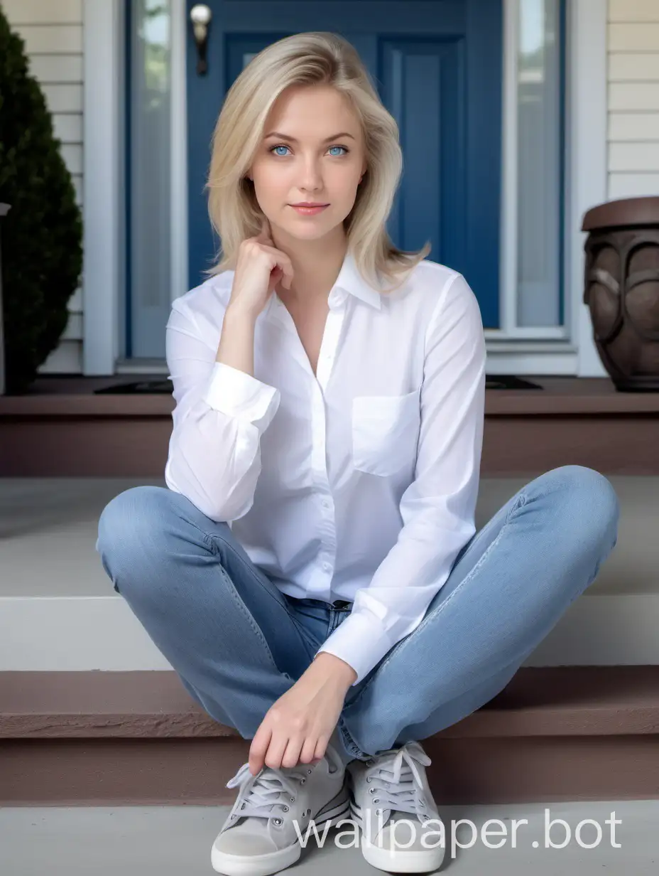Chica joven de 29 años cabello rubio ceniza ojos azules, rostro angelical, pechos medianos, figura esbelta Luciendo una camisa blanca y un pantalón de jean y zapatillas gris. Sentada en un escalón del frente de una casa.
