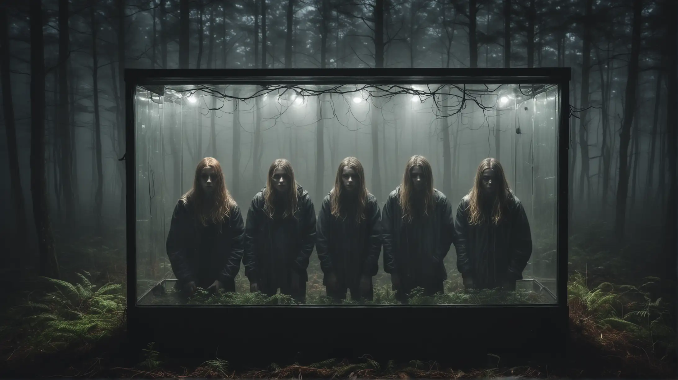 Four People Observing Mystery in Illuminated Glass Box amid Dark Foggy Forest